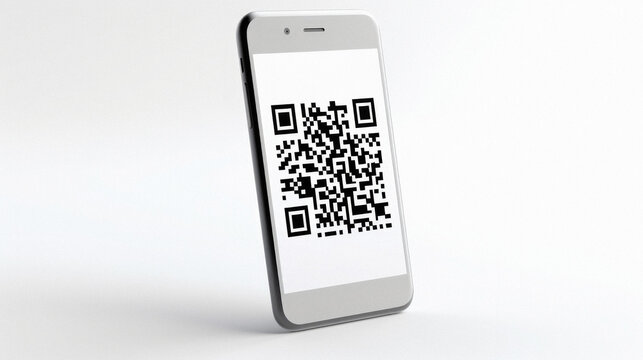 Qr code on smartphone screen isolated on white background .