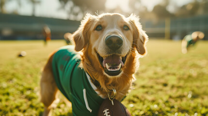 Action photograph of dog wearing a green t-shirt playing american football Animals. Sports