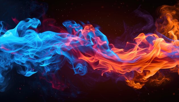 Tongues of blue and red fire on clear black background, cold and hot flames and sparks background design