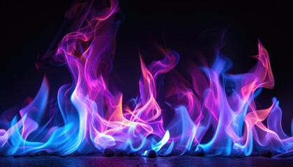 Tongues of blue and purple fire on clear black background, blue and purple flames and sparks background design