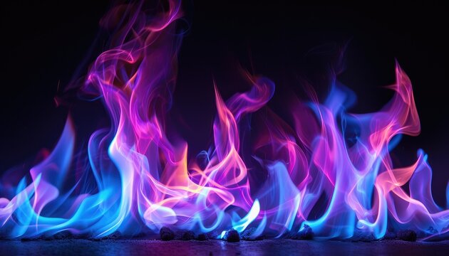 Tongues of blue and purple fire on clear black background, blue and purple flames and sparks background design