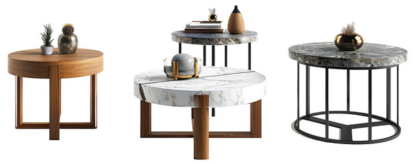 collection Set of different styles of retro vantage wood and modern steel marble coffee tables furniture cutouts png - Generative AI
