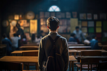 Fototapeta premium Students in classroom with blurred background and newcomer student, back to school. Generative ai
