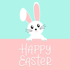 Vector easter banner with cartoon bunny on blue background. Easter banner with the inscription "Happy Easter". Vector postcard, banner for your design. Vector EPS 10