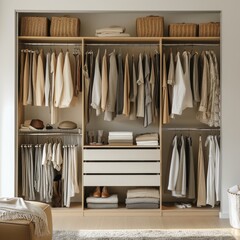 Nicely organised wardrobe filled with colourful clothes, cozy bedroom wardrobe