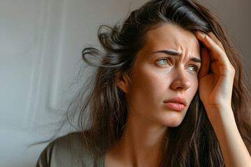 Obraz premium A young girl rubs her temples and suffers from a headache