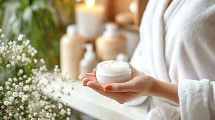 A young woman holds a jar of face/body cream in her hands. Spa, home skin care concept.