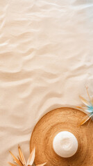 Fototapeta na wymiar Top view of straw hat and feathers on sand with copy space on beach