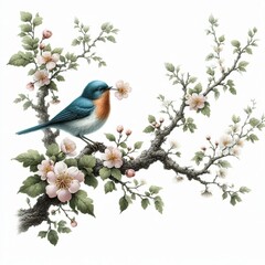 An amazing picture of a bird sitting on a flowering branch with a flower in its beak.
