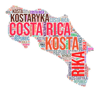 Costa Rica country shape word cloud. Typography style country illustration. Costa Rica image in text cloud style. Vector illustration.