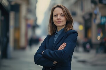Fototapeta premium Young happy pretty smiling professional business woman, happy confident positive female entrepreneur standing outdoor on street arms crossed, looking at camera, Generative AI