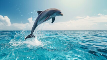 A happy dolphin jumping high above the crystal clear water.