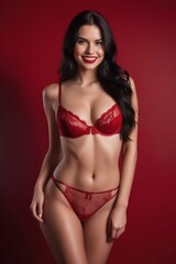 Fototapeta premium Beautiful young smiling woman model with long dark hair in sexy luxury red lingerie on red background. Generative AI