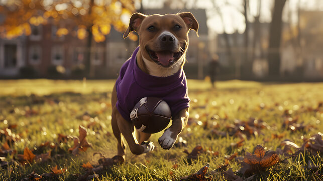 Action photograph of dog wearing a purple t-shirt playing american football Animals. Sports
