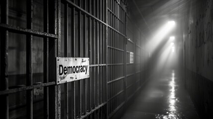 Democracy in prison - a symbolic representation of totalitarian systems. - obrazy, fototapety, plakaty