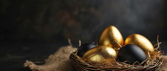 Golden and black eggs in the Easter basket, soft black background, copyspace.