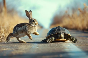 Foto op Plexiglas Rabbit and tortoise running race on the road. The concept of endurance. © AIExplosion