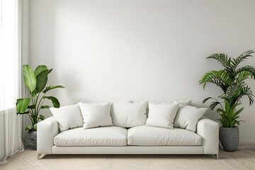 Minimalist Living Room with White Sofa and Plants