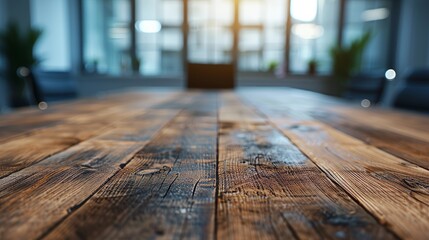 Defocused office background of a Board room with rustic wooden flooring - obrazy, fototapety, plakaty