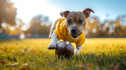 Action photograph of dog wearing a yellow t-shirt playing american football Animals. Sports
