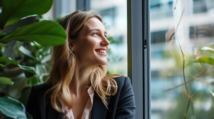 Young happy cheerful professional business woman, happy laughing female office worker wearing glasses looking away at copy space advertising job opportunities or good business services, generative ai