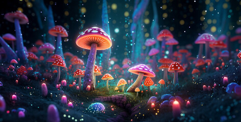 Fantasy landscape with magic mushrooms in the forest. Vector illustration.Mushrooms in the aquarium. Underwater world. 3d rendering - obrazy, fototapety, plakaty