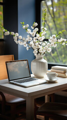 Laptop with beautiful blooming branches on table near window in cafe
