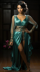 young beautiful caucasian brunette in gorgeous dress, motion shot