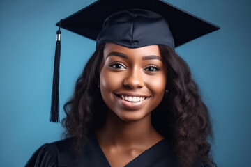 Studio Portrait happy proud female college graduate in cap and gown