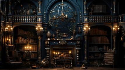 Wooden black interior of an old library