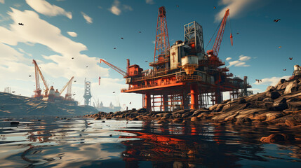 Image of oil platform while cloudless day - obrazy, fototapety, plakaty