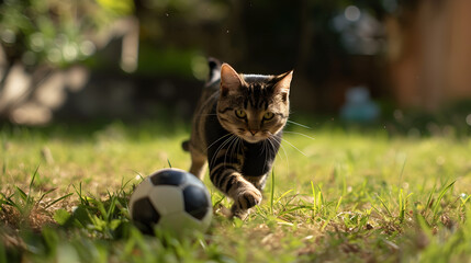 Action photograph of cat wearing a black t-shirt playing soccer Animals. Sports