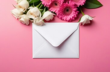White envelope on a pink background with a bouquet of flowers