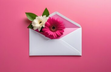 White envelope with flowers inside on a pink background