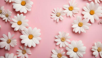 white daisy flowers. daisy flower border on light pink background top view. daisy flower on pink background bird's eye view. daisy flowers isolated on pink for spring time. Mother's Day flowers