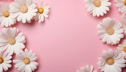 pink daisy border. white daisy flowers. daisy flower border on light pink background top view. daisy flower on pink background bird's eye view. daisy flowers isolated on pink for spring time.