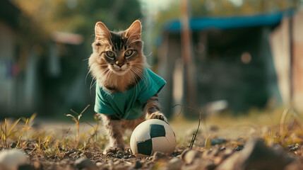 Action photograph of cat wearing a green t-shirt playing soccer Animals. Sports