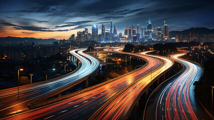 Urban nightscape city road light, night megapolis highway lights of cityscape background. Panorama of motion speed light of city traffic with highway road motion lights, long exposure photography - 723860695