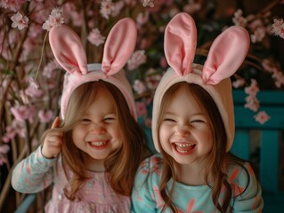 Happy cute kids wearing bunny ears for easter celebration