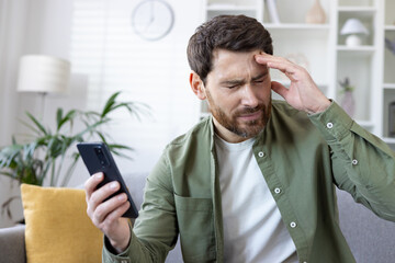 Close-up of mature man upset and disappointed received online news notification message on phone,...