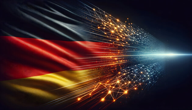 Digitalization in Germany. German flag goes over into digital data lines and points.