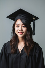 Studio Portrait happy proud korean female college graduate in cap and gown