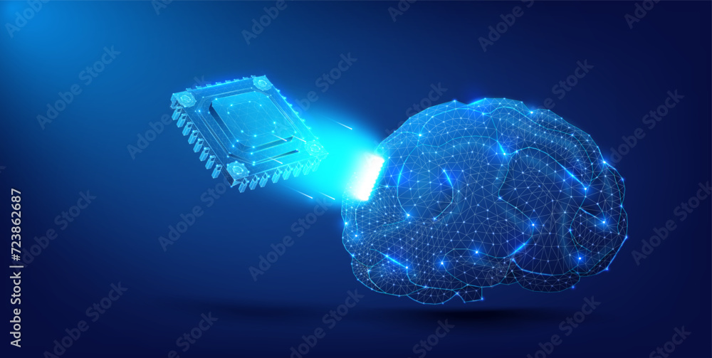 Poster a visual metaphor of ai and machine learning with a glowing digital brain connected to microchip on 