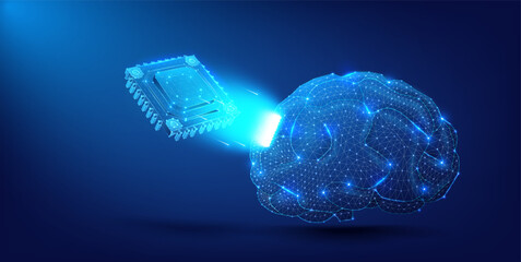 A visual metaphor of AI and machine learning with a glowing digital brain connected to microchip on a dark blue background. Futuristic Neural Network Concept with Glowing Digital Brain and Microchip.