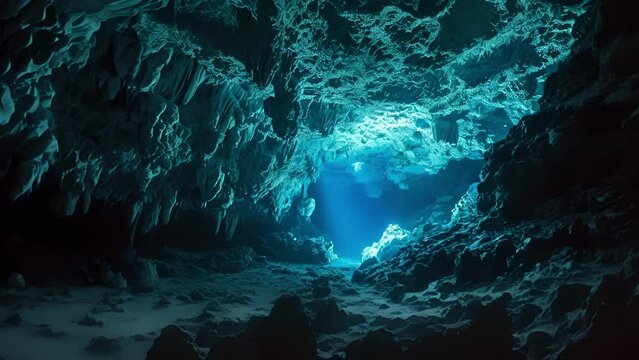 An underwater cave filled with bioluminescent plankton creating a surreal neon blue glow.
