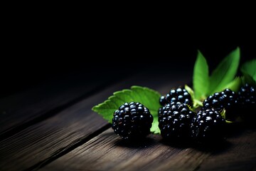 Blackberries scattered on a rustic wooden table, photographed with a low-light lens to create a warm and inviting ambiance