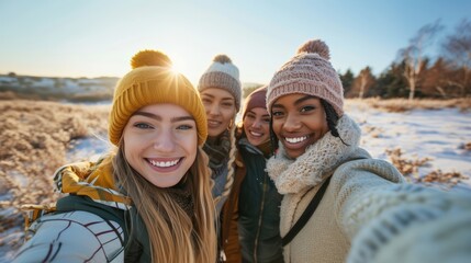 Friends Taking Winter Selfie with Golden Hour Glow