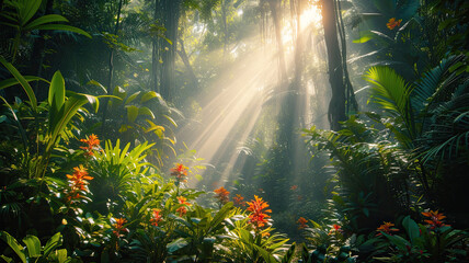 A tropical rainforest of vegetation and vibrant flowers with light rays piercing through the foliage