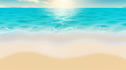 Obraz premium Sandy beach with light blue transparent water waves and sunlight, tranquil aerial beach scene