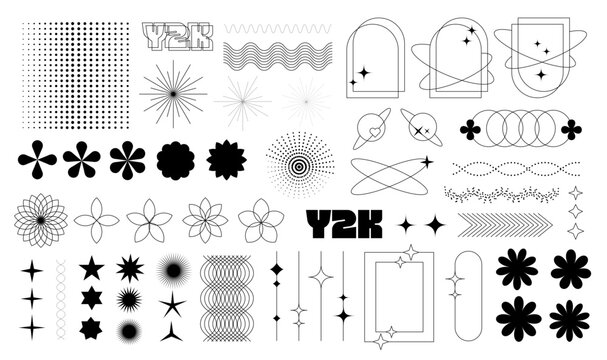 Y2K minimalist aesthetic line elements set, trendy linear frames with stars, simple flat geometric forms. Arch frame with sparkles, simple decorative boho style border. Vector